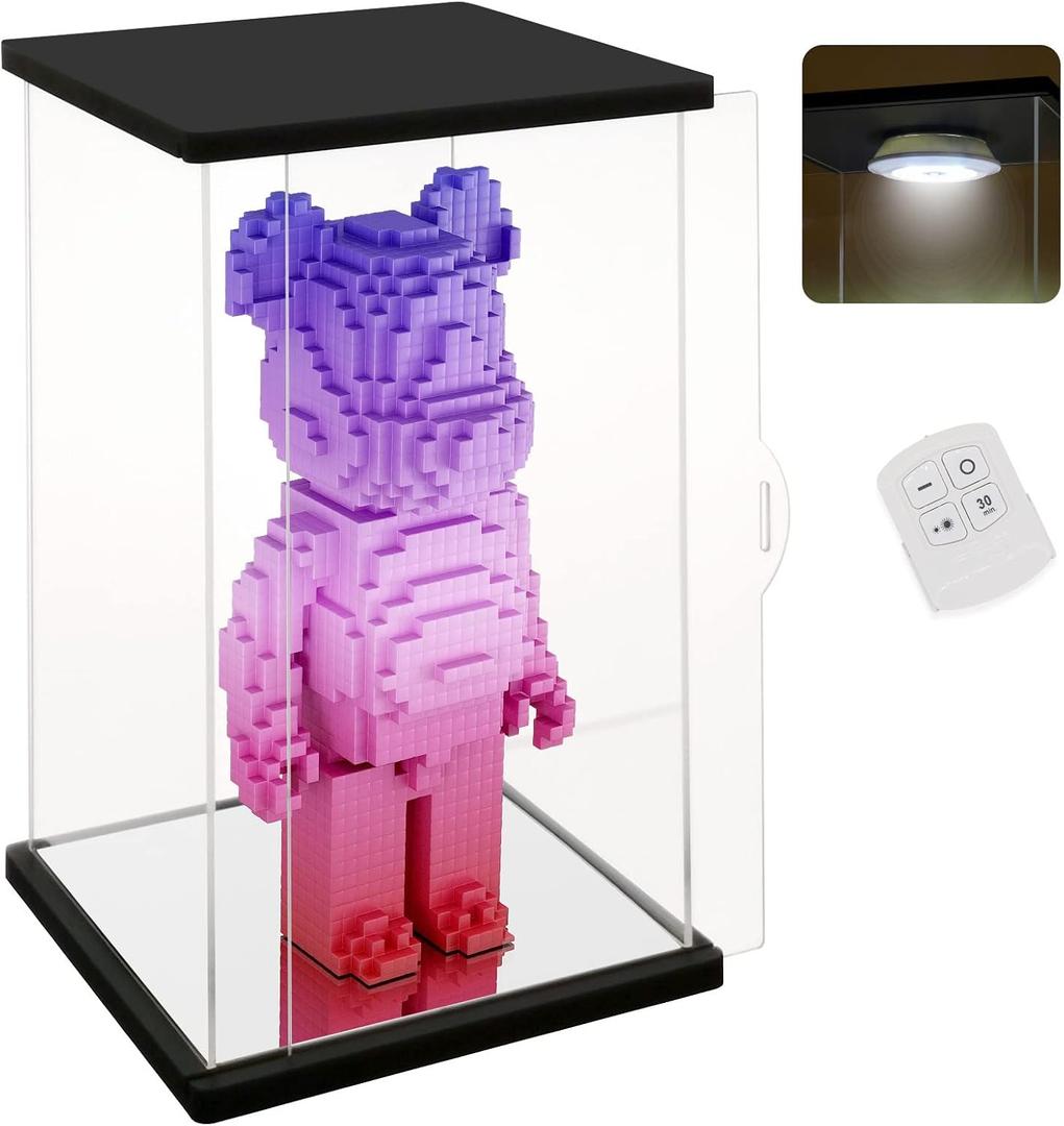 NONEMEY Clear Acrylic Display Case with Remote Control Light for Bearbrick, Dustproof Model Showcase Organizer Box, Display Case for Collectibles Bearbrick (9.8×7.9×16.5inch,25×20×42cm)
