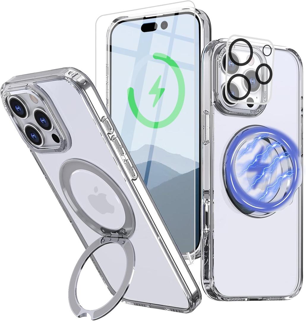 for iPhone 16 Pro Max Case with Screen Protector & Lens Protector [15 FT Military Drop Protection] Magnetic Kickstand Compatible with MagSafe Slim Translucent Case (Crystal Clear)