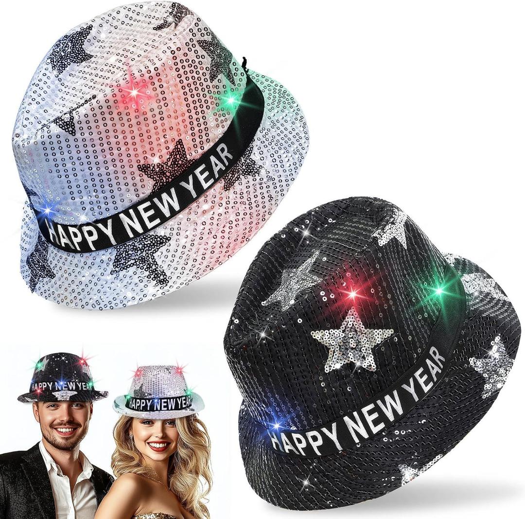 TURNMEON 2 Pack Happy New Year Hats LED Light Up Top for Women & Men, Black & Silver Party Hats for New Year's Eve Party Supplies 2026