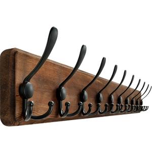 Rustic Wall Mount Coat Rack, 17" Coat Hooks Wall Mount Wood Coat Rack with 8 Triple Hooks, Heavy Duty Wooden Wall Mounted Coat Hanger for Entryway, Farmhouse Hanging Coats, Hats, Bags,Towels
