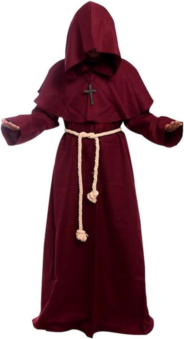 GOLDSTITCH Friar Medieval Hooded Monk Renaissance Priest Robe Costume Cosplay (Small, Burgundy)