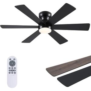 Asyko 46" Low Profile Ceiling Fan with Light and Remote Control,Black Modern Flush Mount Ceiling Fan with Lights for Bedroom, Reversible, Dimmable, Noiseless