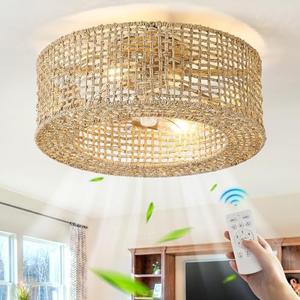 Boho Caged Ceiling Fan with Light 20", Handmade Hidden Enclosed Kitchen Rattan Ceiling Fan with Timer Remote, Flush Mount Fandelier Ceiling Fan with Lights for Bedroom