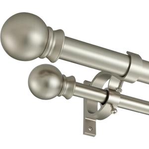 Mayrhyme Brushed Nickel Double Curtain Rods 72-144 Inch,1’’Front and 5/8’’Back Double Drapery Rod with Small Round Ball and Aluminum Brackets, Adjustable Dual Window Rod for Sheer/Blackout Curtains