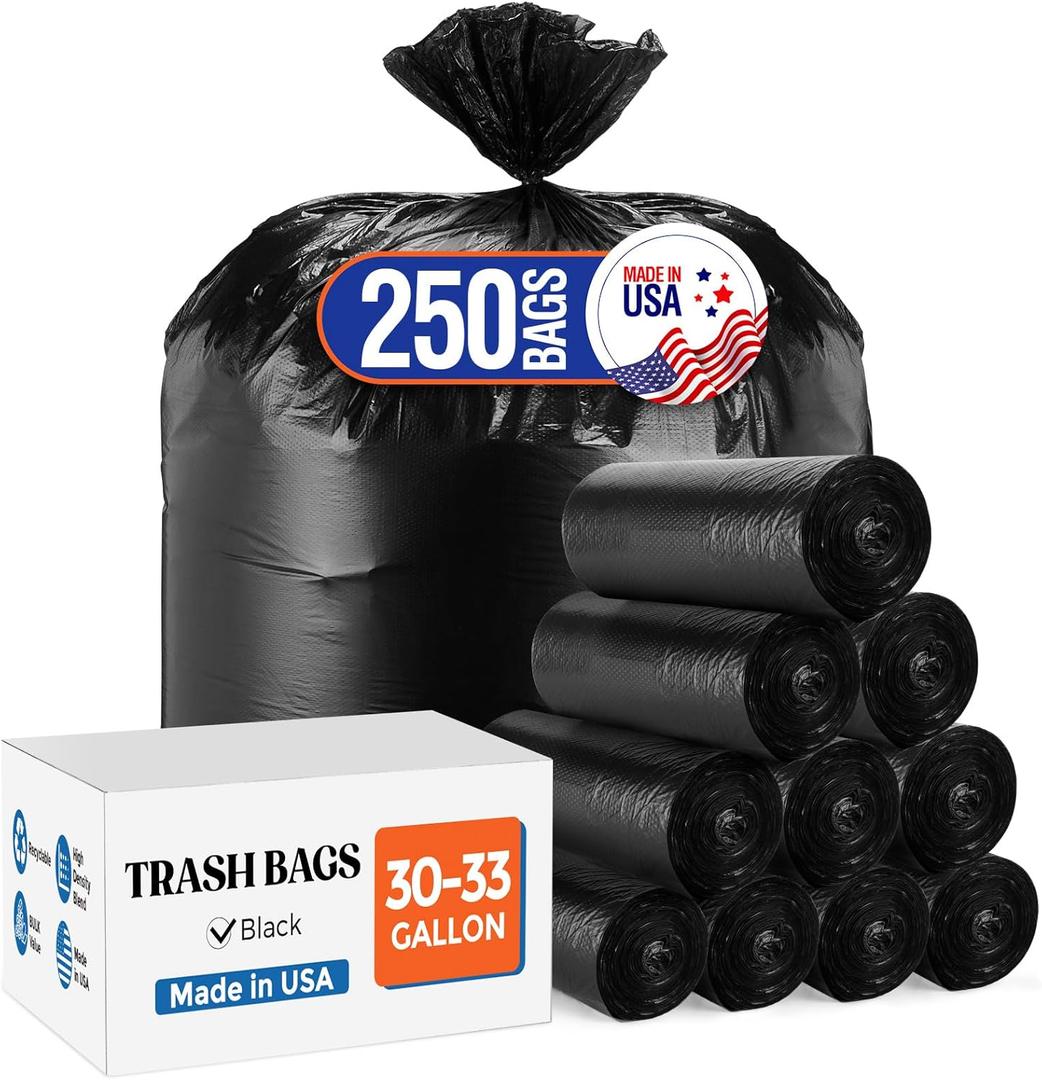 Delxo 30-33 Gallon Trash Bags, 250 Count Medium Duty Garbage Bags, Thick, Durable & Puncture-Resistant Plastic Bolsas para basura, Perforated Design Made in USA for Kitchen, Yard, Office (Black)