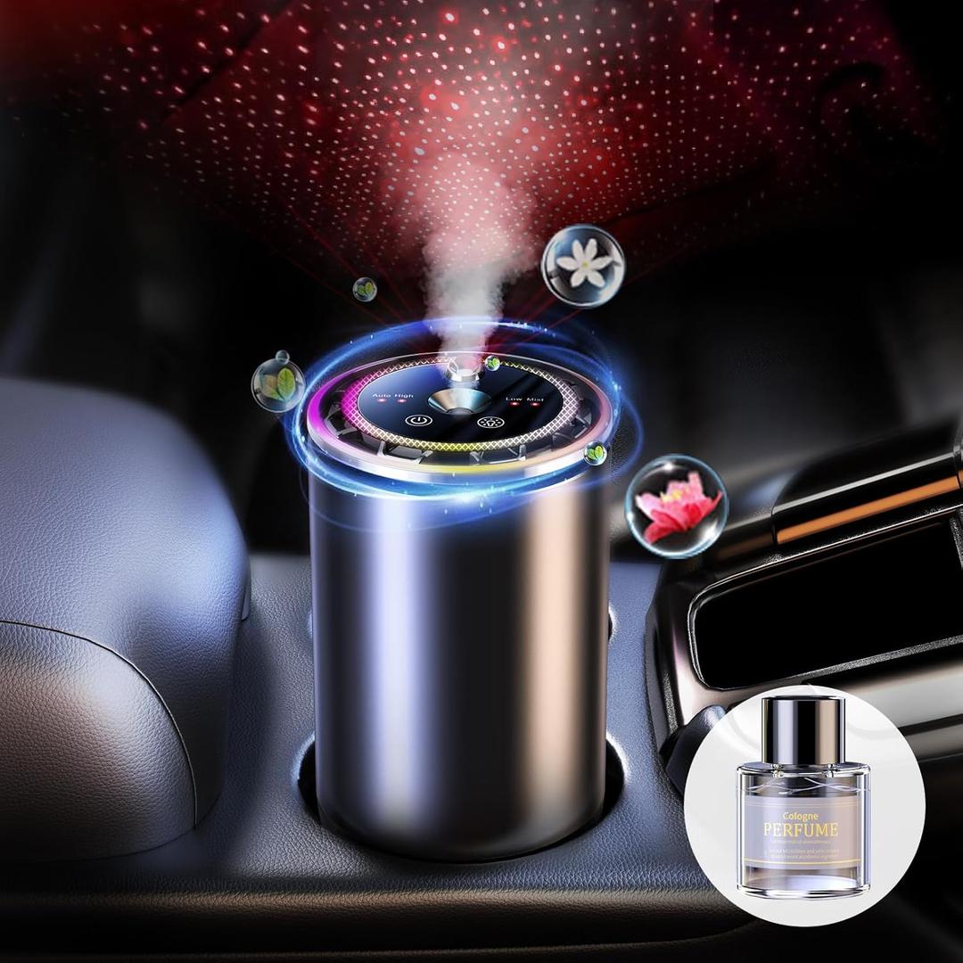 Smart Car Air Freshener - Car Diffusers for Essential Oils with Starry Sky Projection and Colorful Ambient Light, Auto On/Off, Adjustable Concentration Diffuser for Car with 50ml Car fragrance-Cologne