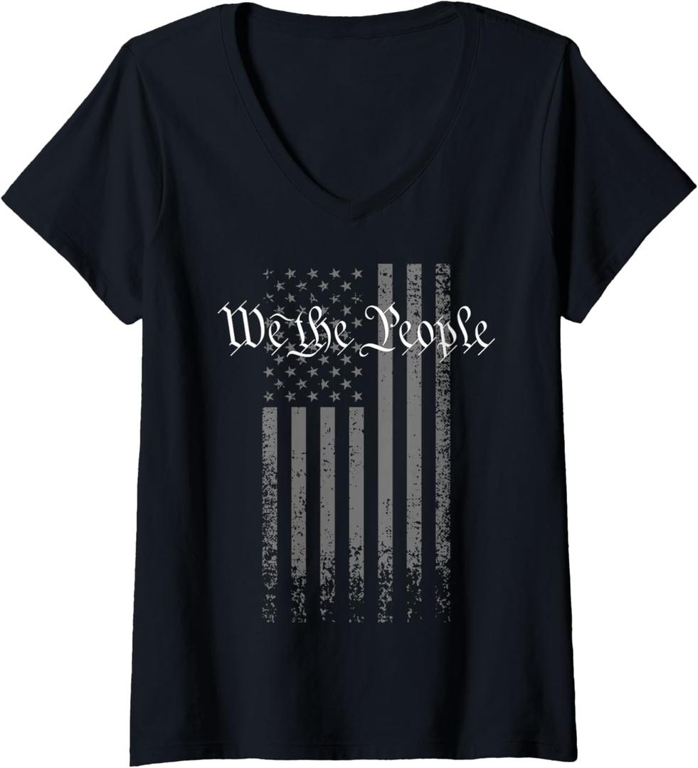 Womens WE The People, US Flag, Vintage Grunge 4th of July 1776 V-Neck T-Shirt, Size S