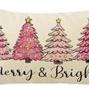 Pink Christmas Tree Decorative Throw Pillow Cover 12 x 20, Rectangular Xmas Pine Trees Outdoor Home Decor, Merry and Bright Winter Holiday Sofa Couch Cushion Case