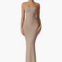 QINSEN Women's Square Neck with Lace Detail Long Maxi Dress Sleeveless Lounge Ribbed Full Length Dresses, M, Khaki