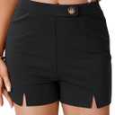 Vrtige Women's Split Hem High Waist Decorative Buttons Invisible Zip Elastic Sliming Shorts (Black)