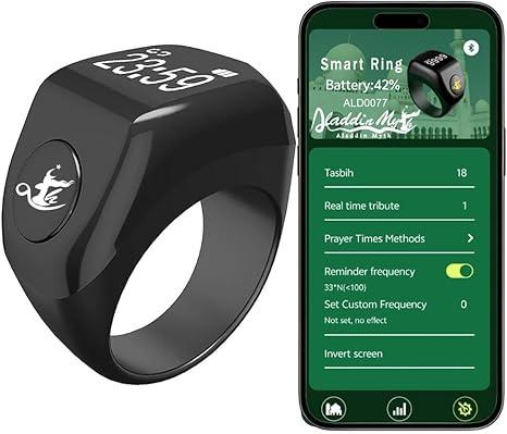 Aladdin Myth Multifunctional Tasbih Prayer Smart Ring, Tasbeeh Counters, Prayer Direction Indicator Guide, 5 Azan Alarm Clock, Electronic Rosary, Step Counting, Heat Rate, SPO2, Blood Pressure, Black