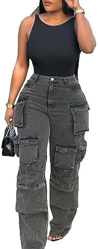 LKOUS Women's Y2K Baggy Straight Wide Leg Cargo Jeans, Streetwear High Waisted Denim Pant Size L