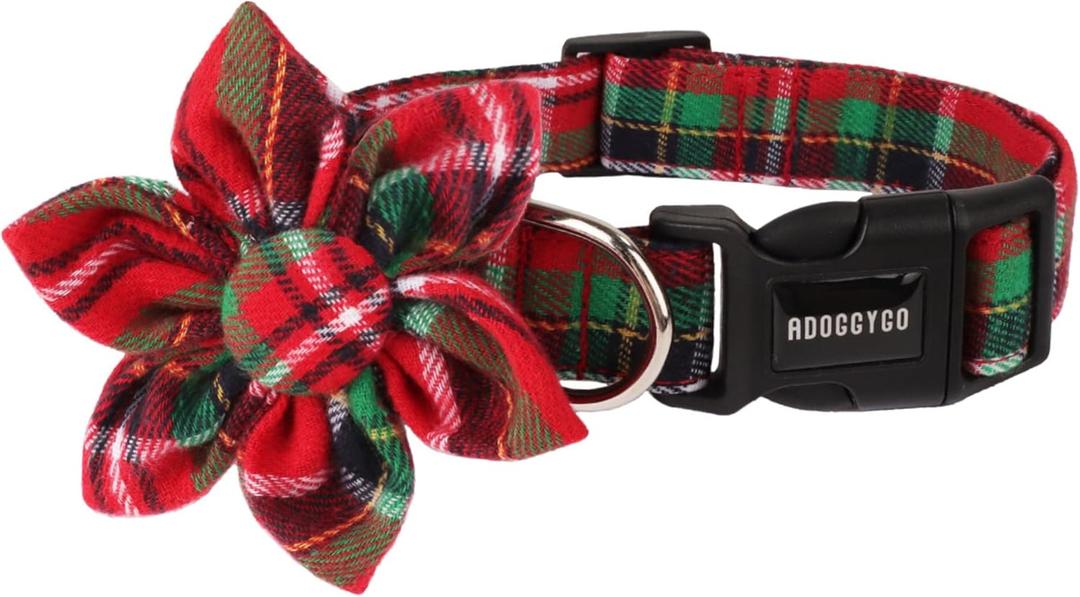 ADOGGYGO Christmas Dog Collar with Detachable Floral, Adjustable Red Green Plaid Christmas Floral Collars for Large Dogs (Large)