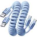 LISEN Coiled USB C Cable, 2 Pack for Android Auto & CarPlay Cable, Short USB A to USB C Cable Compatible with iPhone 17/16/15, Samsung Galaxy S25/S24/S23 A15/A14, Google Pixel 9/8, Blue 4FT