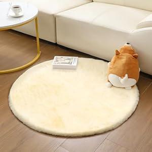Faux Fur Round Rug 2ft, Soft Fluffy Rabbit Fur Carpet, No-Shedding Non-Slip Area Rug, Machine Washable Beige Mat for Bedroom, Living Room, Kids Room, Pet Bed or Home Decor