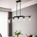 Modern Dining Room Light Fixture, 5-Light Kitchen Island Lighting Hanging/Chandelier Over Table Farmhouse, Modern Black Rustic Wood Pendant Light Fixtures with Clear Glass Shade,Adjustable Height
