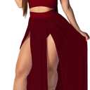 Swimsuit Cover Ups for Women 2 Piece Outfits Chiffon Strap Deep V Neck Bra Crop Top High Split Maxi Dress Skirt Set Beachwear Burgundy XS