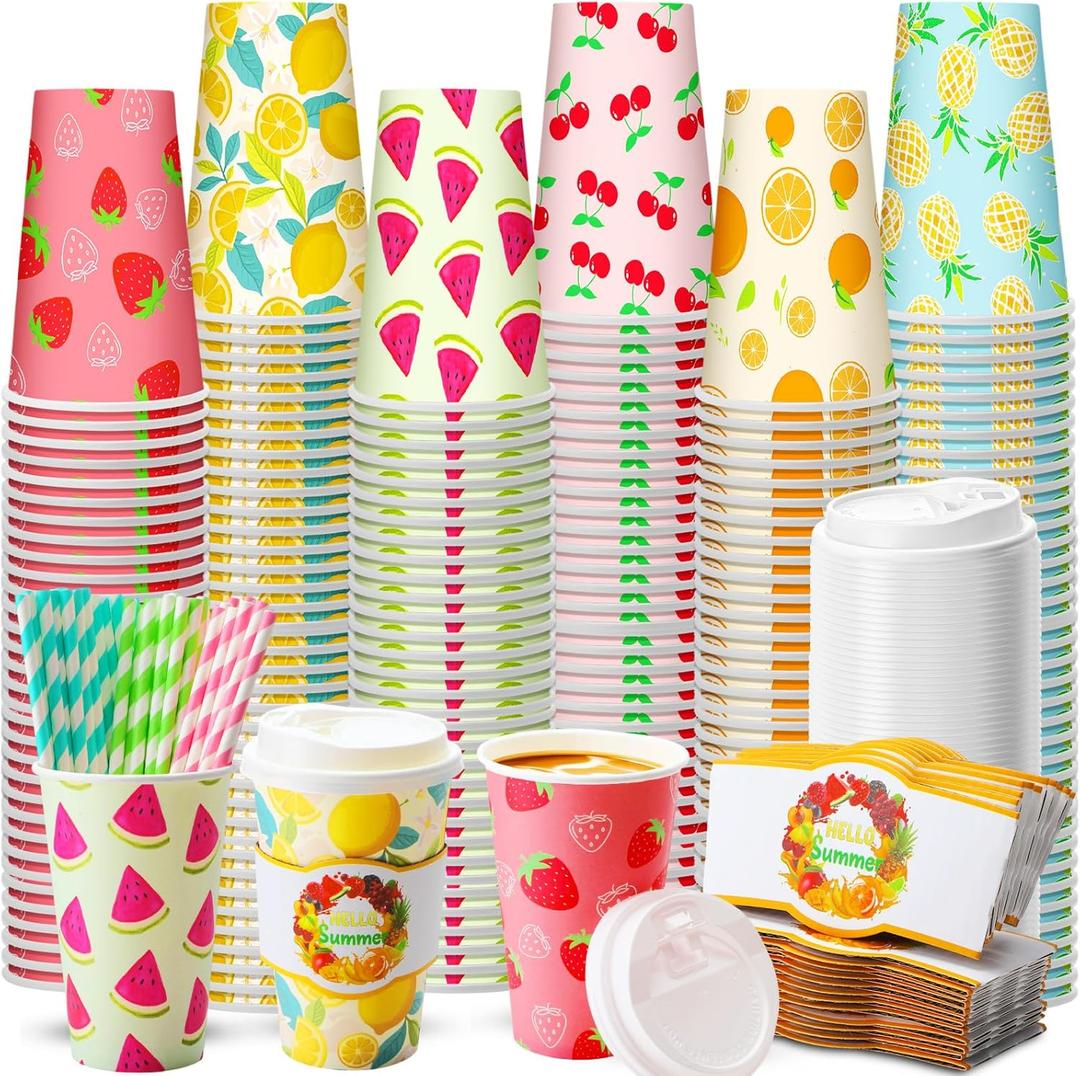 120 Set 16oz Summer Fruits Paper Coffee Cups with Sleeves, Lids and Straws Disposable Hawaiian Themed Juice Tea Drinking Cups Bulk for Holiday Birthday Party Wedding Baby Shower Supplies