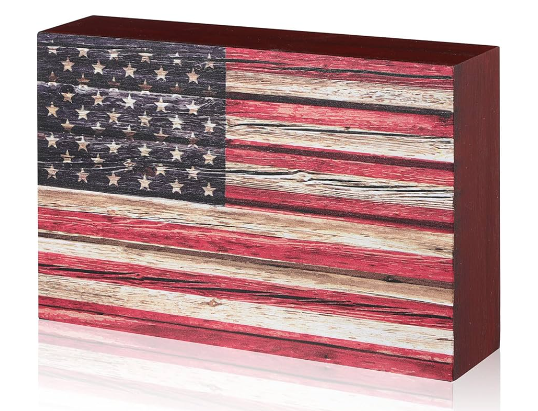 Sintuff Memorial Day Wooden American Flag Box Sign Patriotic 4th of July 250th Anniversary Veterans Day Table Decor Freestanding Vintage Wood Plaque for Tiered Tray Office Desk Shelf