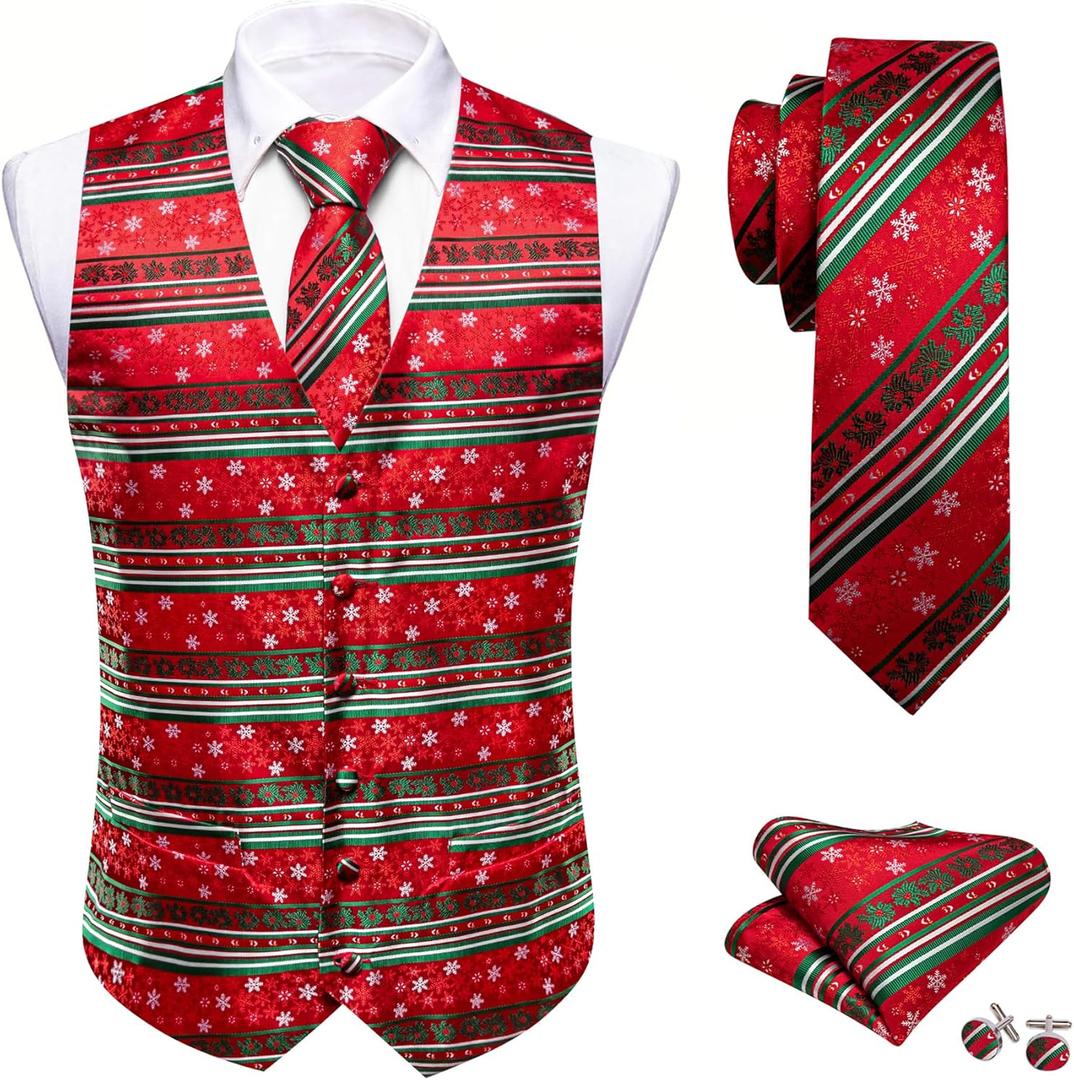 Barry.Wang Mens Red/Green Christmas Suit Vest Holiday Xmas Waistcoat Tie Set Party Tuxedo (Small)