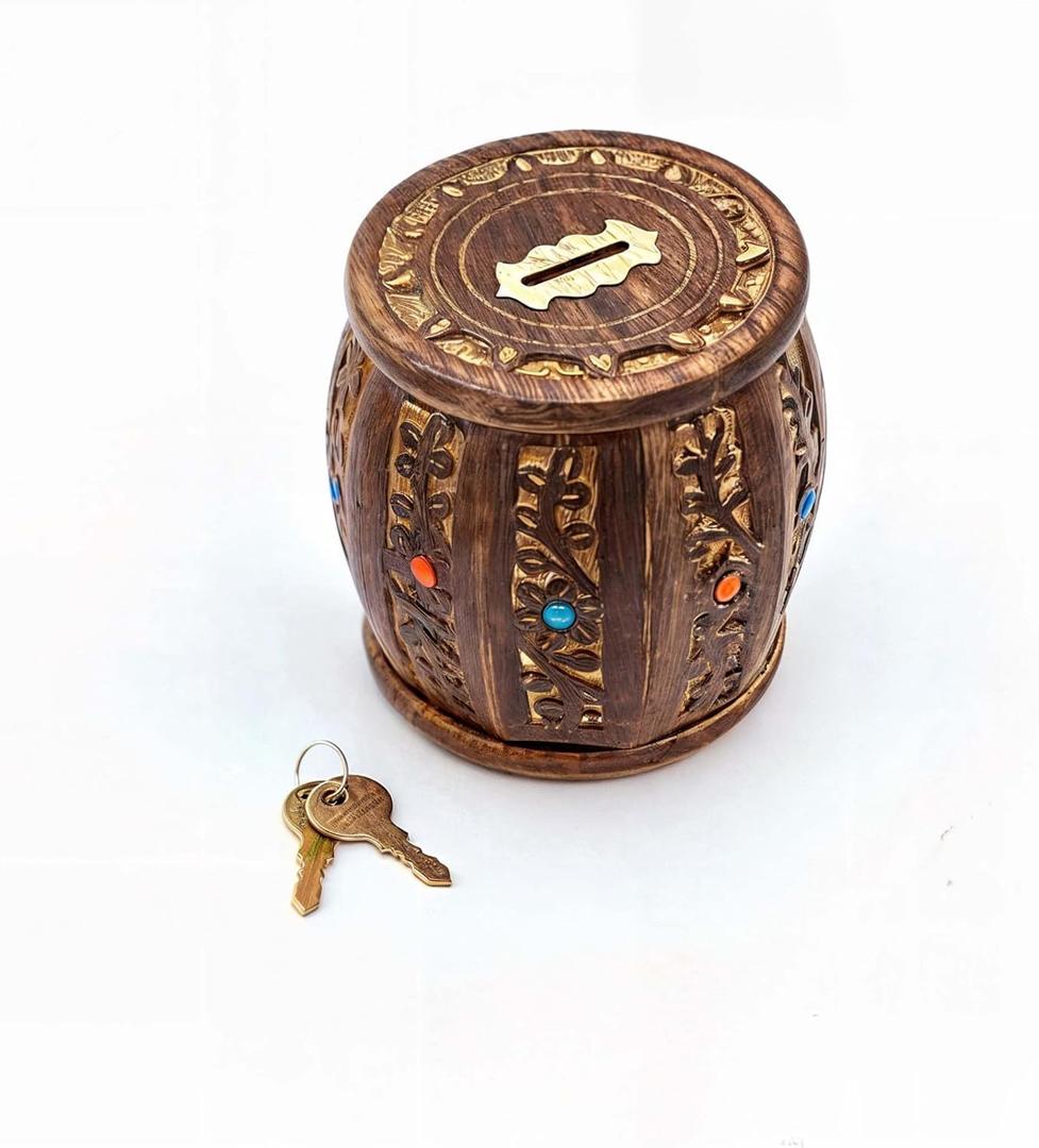 Wooden Antique Round Lockable Piggy Bank for Kids - Secure Money Box with Lock, Handmade Craftsmanship, Unique Gift Idea for Children, Decorative Barrel Savings Bank