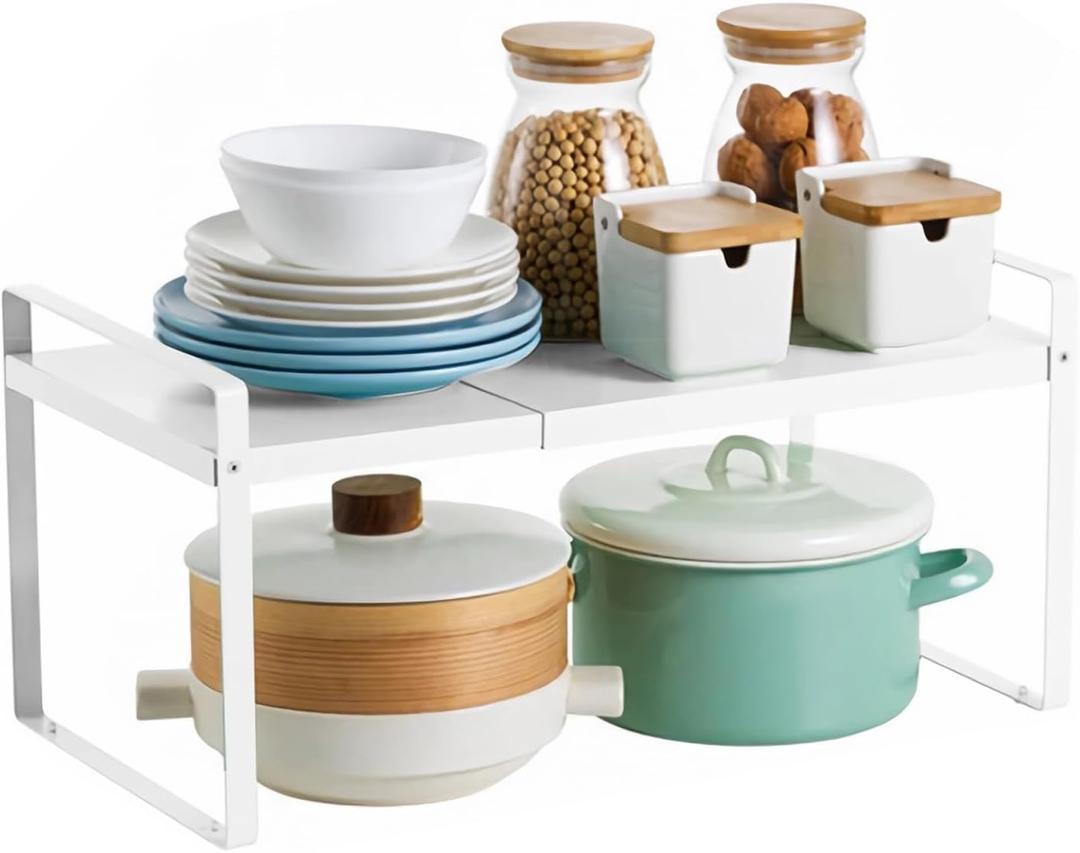 Expandable Metal Kitchen Storage Shelves, Kitchen Cabinet and Counter Shelf Organizer for Bathroom Bedroom Office Table Desk Pantry Storage