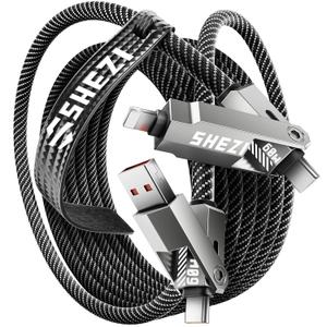 SHEZI Nylon Braided 4 in 1 USB C Cable 60W 10FT Compatible with Lightning Cable, Fast Charging for iPhone/iPad Charger Cord [480Mbps Data Sync],Multi Charging Cable with Type C/USB A, Grey