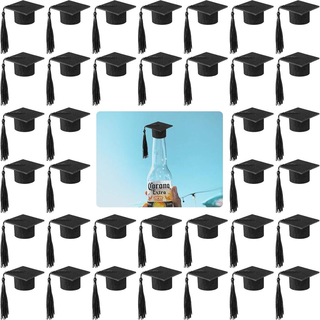 36 Pieces 2026 Mini Graduation Caps with Tassels Graduation Wine Bottle Toppers(Black Cap with Black Tassel)