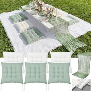 Hillsuren 8 Pcs Fit for 6 People 91 x 71'' Extra Large Outdoor Picnic Blanket with Sage Green Table Runner and Floor Pillow Cushion Fit for 6 People Picnic Wedding Birthday Baby Shower Backyard Decor