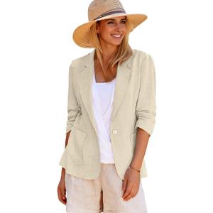 2025 Summer Linen Blazer Women Lightweight 3/4 Stretchy Ruched Sleeve Fully-Lined Casual Work Jacket with Pockets (Medium, 1-beige)
