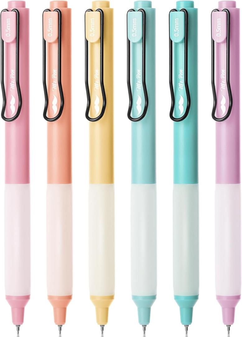 Mr. Pen- Retractable Gel Pens, 6 Pack, Black Ink, Pastel Barrels, Fine Point 0.5 mm, Fast Dry, Smooth Writing, Cute Gel Ink Pens for Drawing, Journaling, Writing Planner and School Supplies