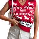 JULYCLO Christmas Sweater Vest Women Ugly Xmas Reindeer Knit Sweaters Casual Santa Snowflake V Neck Sleeveless Outwear Tops (Red-1)