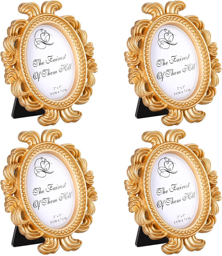 Vicenpal 4 Pieces Mini Gold Picture Frames 3.2 x 4 Inch Vintage Small Antique Resin Baroque Picture Frames Bulk Oval Hanging Display for DIY Jewelry Gifts Christmas Wedding Decor (Gold)