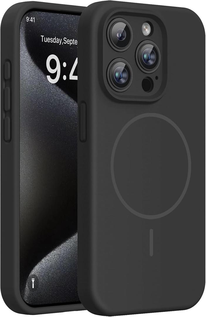 Miracase Magnetic for iPhone 15 Pro Case, [Soft Anti-Scratch Microfiber Lining], Compatible with MagSafe, Liquid Silicone Shockproof Drop Protection Phone Case for 15 Pro, Black