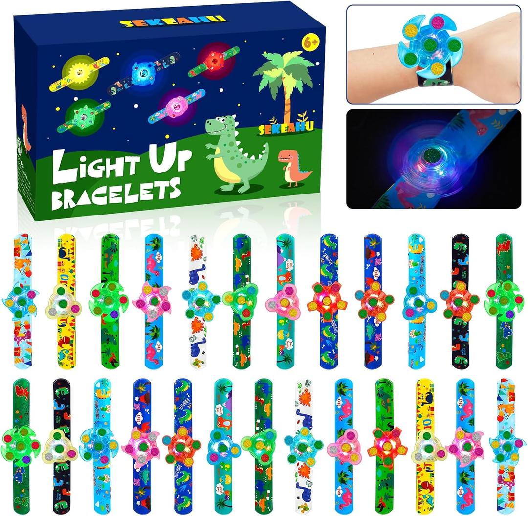 SEKEAHU 25 PCS Light Up Fidget Rotating Toy + 25PCS Slap Bracelets, Dinosaur Party Favors Stocking Stuffers for Kids 4-8-12 Goodie Bag Stuffers Glow in The Dark Supplies Gifts