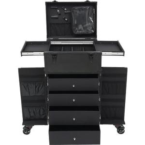 Professional Rolling Makeup Case with Wheels, Cosmetology Trolley for Makeup Artists and Nail Technicians, Cosmetic Train Case with Adjustable Dividers and Sliding Drawers, Black