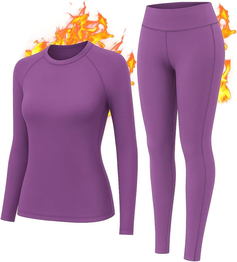 Thermal Underwear Women Long Johns Set Fleece Lined Warm Base Layer Long Sleeve for Weather Top Bottom Pajama (Medium, Purple)