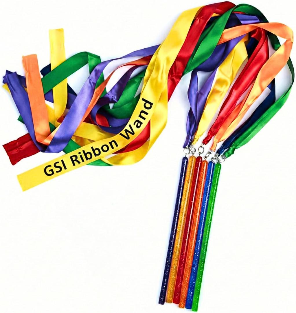 GSi Multicolor Ribbon Wands & Rings for Kids - Pack of 6 Dance Streamers with 9" Stick, 1m Ribbons, Gymnastics & Party Use