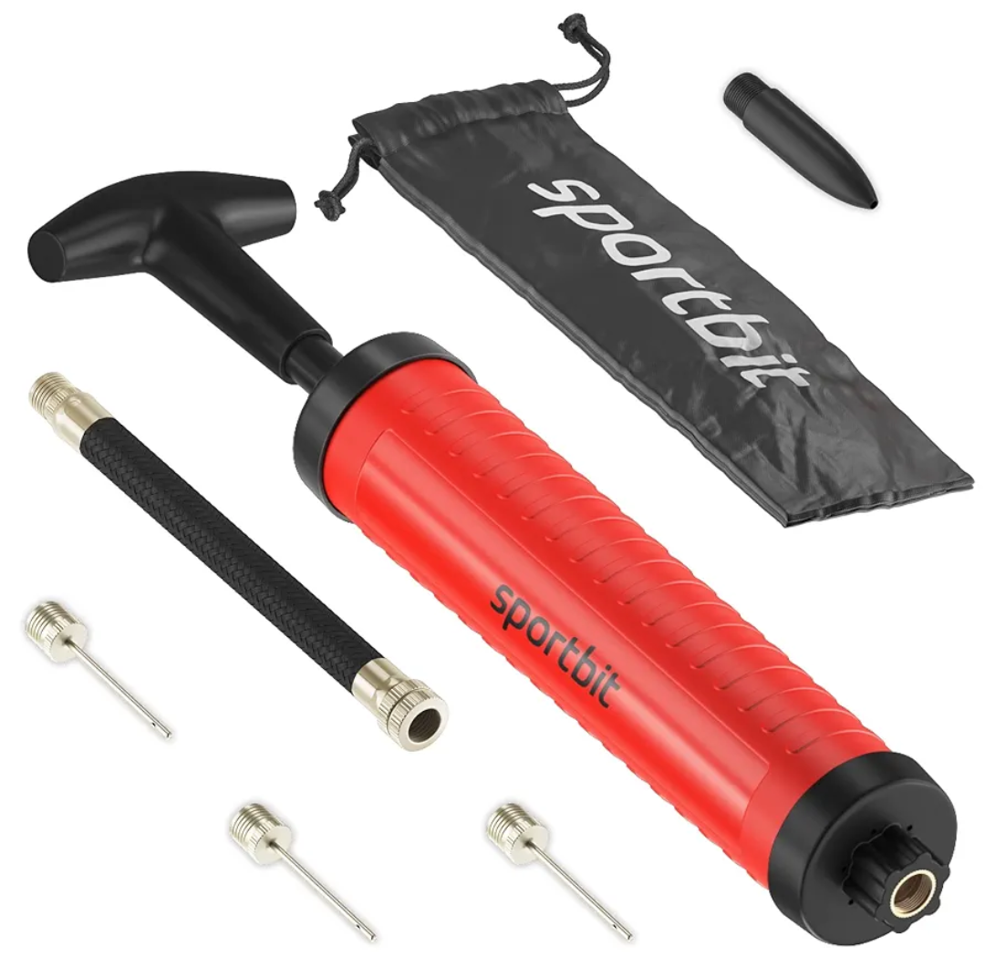 SPORTBIT Ball Pump for Sports Balls - Basketball Pump for Sport Balls - Football & Soccer, Basketball, Volleyball Pump, Swim Inflatables - Hand Air Pump with 3 Needles, Nozzle, Extension Hose, Pouch