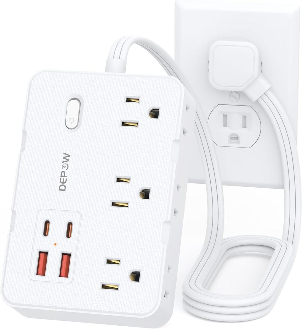 DEPOW Surge Protector Power Strip with Flat Plug, 3 FT Extension Cord with 6 AC Outlets 4 USB Ports,1050J Surge Protection, Wall Mountable Charging Station for Office, Home, White