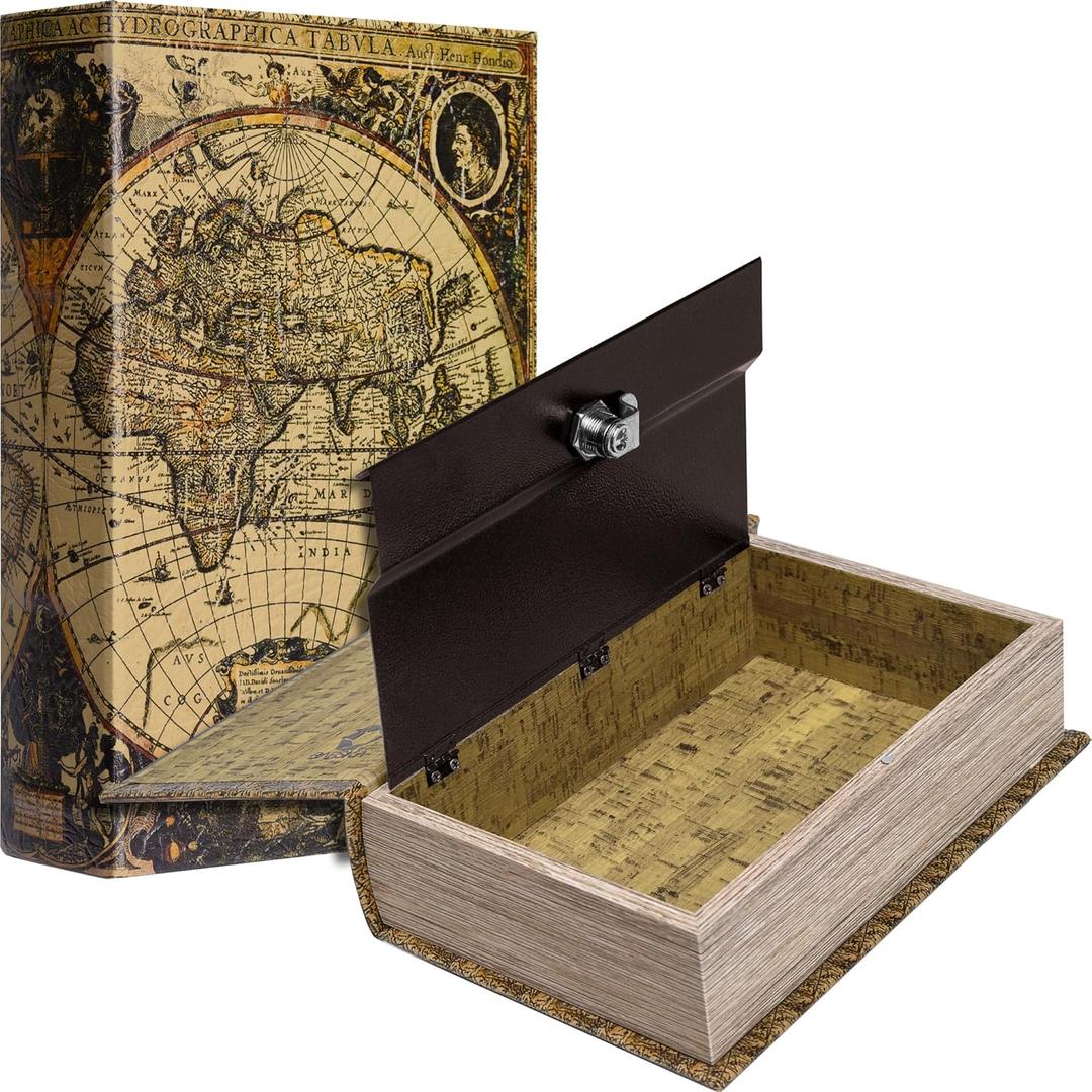 Barska Antique Map Book Safe with Key Lock  Hidden Diversion Lock Box with Magnetic Closure  Concealed Steel Compartment for Cash, Jewelry, and Valuables  Home or Office Security (Regular)