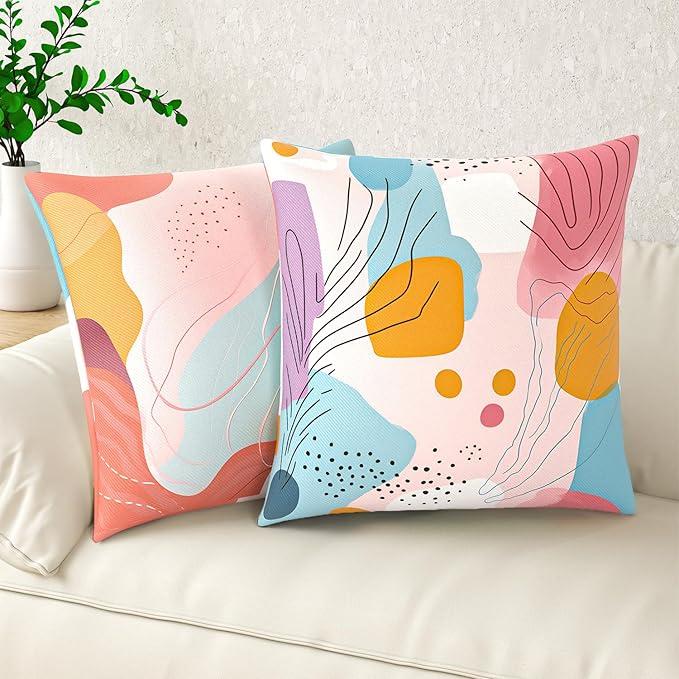 Throw Pillow Covers, 18x18 Inch Cotton Linen Pillow Cases Pack of 2, Decorative Bed Case for Couch Bedroom Sofa Living Room Patio, Farmhouse Modern Home Decor, Green Flower Cat