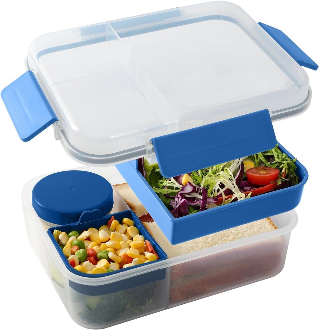 Bento Box Adult Lunch Box, 100% Leak-Proof Bento Lunch Box for Adults with Compartments, BPA-Free Adult Bento Box, Microwave & Dishwasher Safe Blue