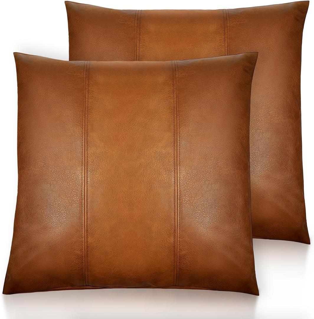 Faux Leather Throw Pillow Cover 18X18 Inch Set of 2 Brown Outdoor Modern Farmhouse Solid Decorative Pillow Covers for Room Couch Living Bedroom Bed Sofa