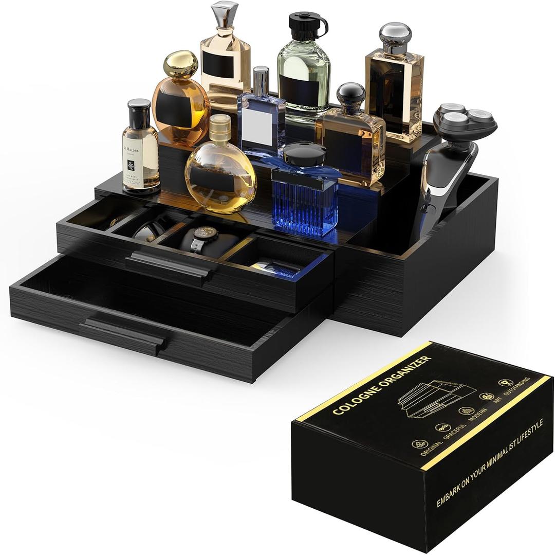 Cologne Organizer for Men,3 Tier Cologne Stand with 2 Drawer and Side Extended Storage Space,Wood Perfume Stand OrganizerGreat Gift Packing Box for Men and Women-Black