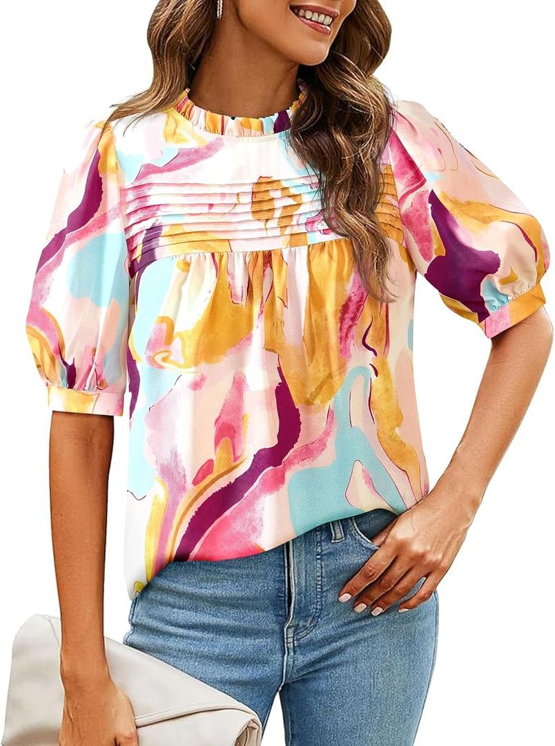 PRETTYGARDEN Floral Tops for Women Blouses Dressy Casual 2026 Summer Trendy Outfits Boho Pleated Short Sleeve Shirts (Medium, Brown Purple Floral)
