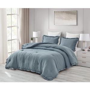 Chezmoi Collection Nora Dusty Blue Comforter Set King Size 3-Piece Fluffy Soft Stone-Washed Ruffled Shabby Chic Bedding for All Season