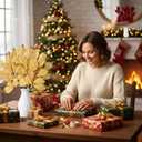 6 Pcs Christmas Artificial Velvet Glitter Magnolia Leaf Glittered Spray Picks 20" Fake Floral Leaf Branches Xmas Decoration for Christmas Tree DIY Crafts Gift Home Garden Decor(Gold)