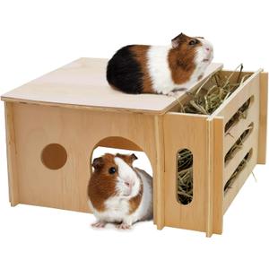 Fhiny Guinea Pig Wood House with Hay Feeder, Detachable Chinchilla Hut Hideout Small Animal Hideout Hideaway Natural Hamster Habitat Decor for Guinea Pig Chinchilla Dwarf Rabbit Hamster