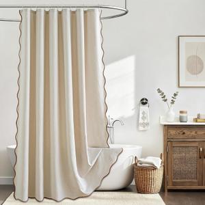 Beige Scalloped Shower Curtain Linen Textured with 12 Metal Hooks Cute Heavy Duty Washable Waterproof Neutral Thick Cloth Shower Curtains with Brown Border for Bathroom Hotel Bathtub, W72xL72